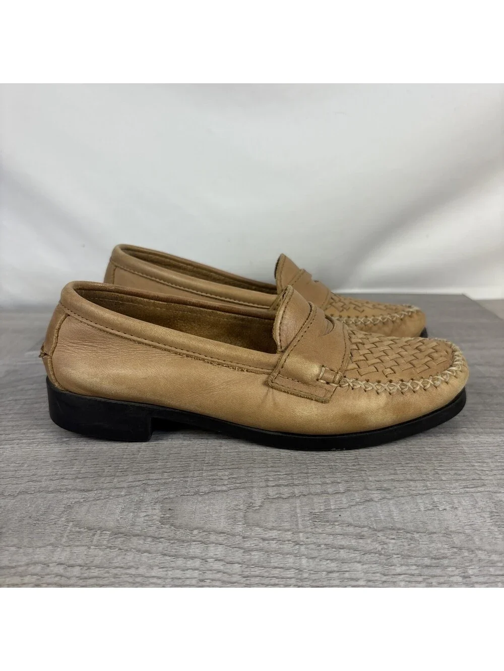 Vintage Dexter USA Women's 5.5 M Woven Leather Loafers Tan Slip On